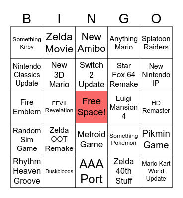 Nintendo Direct 6/9/2026 Bingo Card