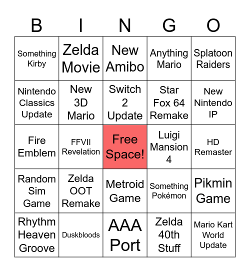 Nintendo Direct 6/9/2026 Bingo Card