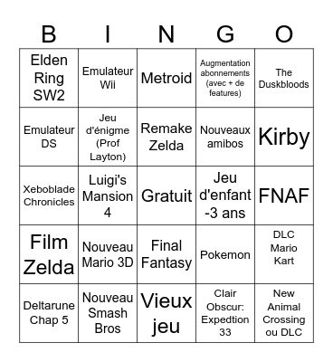 Nintendo Direct Bingo Card