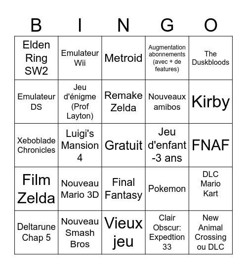 Nintendo Direct Bingo Card