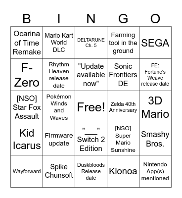 6/9 Nintendo Direct Bingo Card