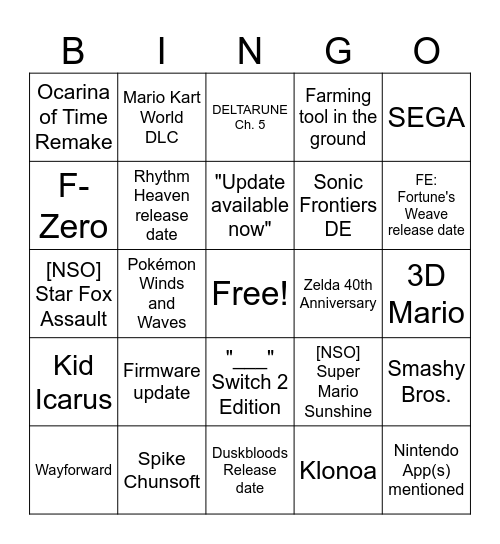 6/9 Nintendo Direct Bingo Card