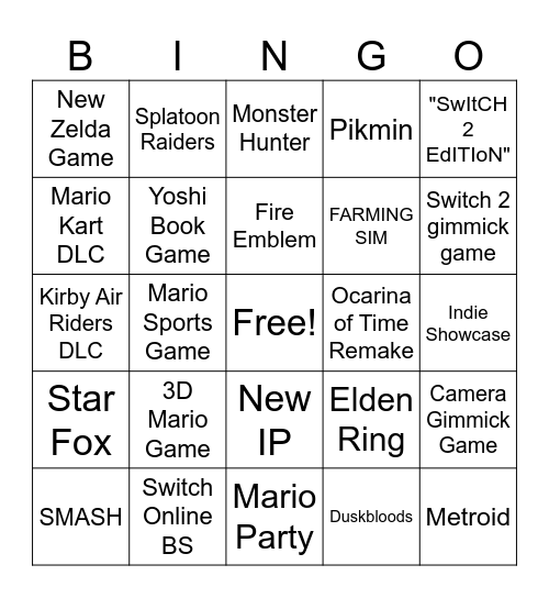 Nintendo Direct Bingo Card