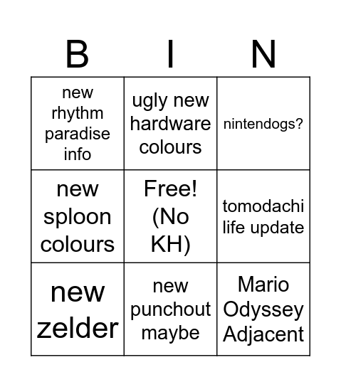 ninty direct Bingo Card