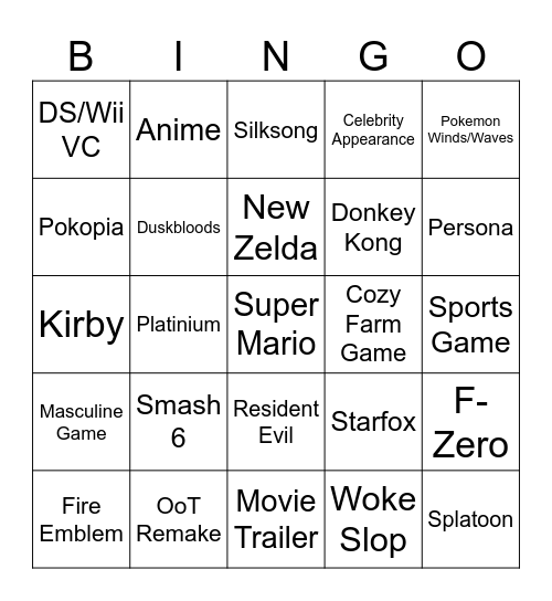 NINTENDO DIRECT Bingo Card
