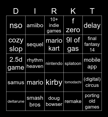 nintendo direct Bingo Card