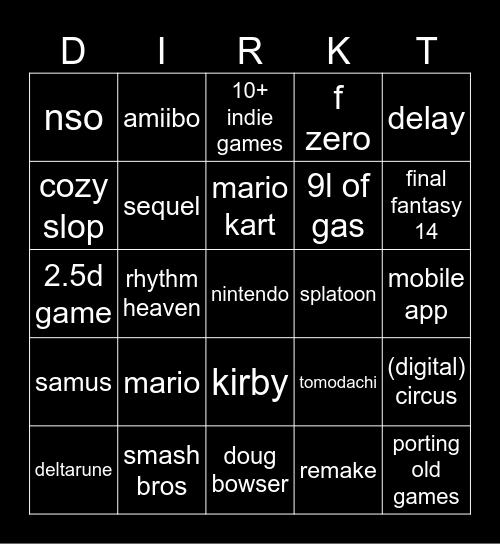 nintendo direct Bingo Card