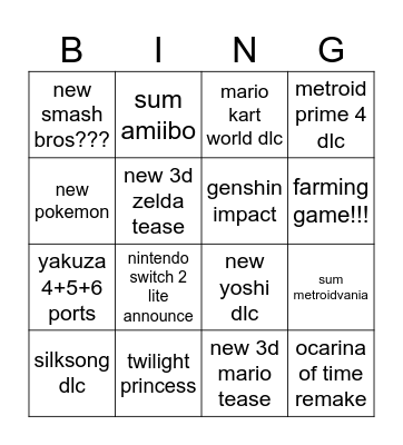 nintendo direct 6/9/2026 Bingo Card