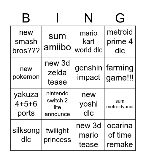 nintendo direct 6/9/2026 Bingo Card
