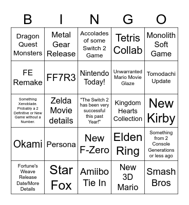 Nintendo Direct 6/9/2026 Bingo Card
