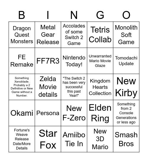 Nintendo Direct 6/9/2026 Bingo Card
