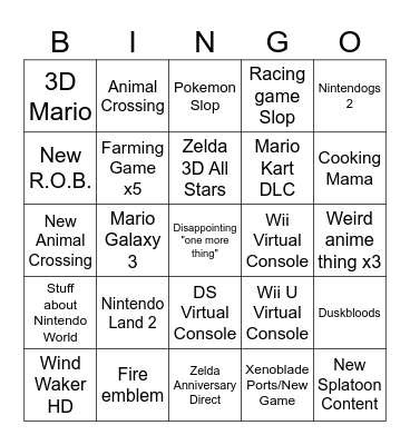 2026 Nintendo Direct Bingo Card
