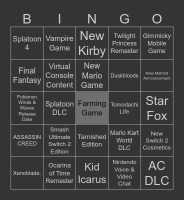 Nintendo Direct June 9th 2026 Bingo Card