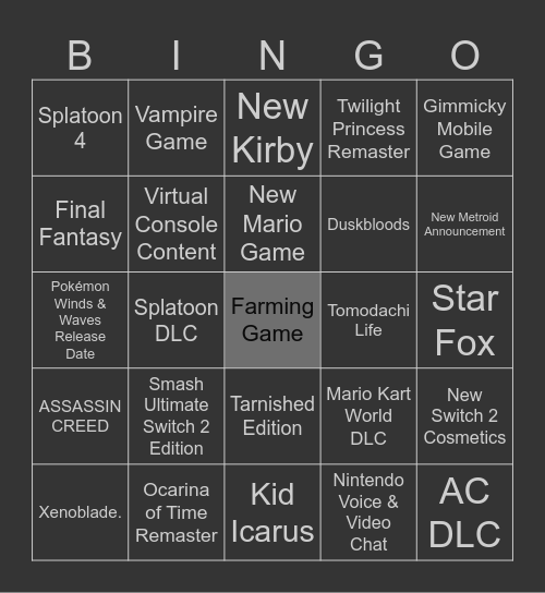 Nintendo Direct June 9th 2026 Bingo Card