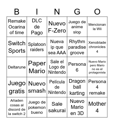 Nintendo direct Bingo Card