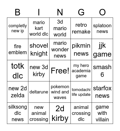 nintedo direct Bingo Card