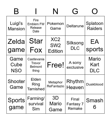 Nintendo Direct Bingo Card