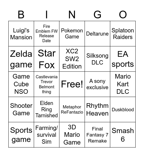Nintendo Direct Bingo Card