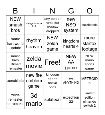 NINTENDO DIRECT 6/9/2026 Bingo Card