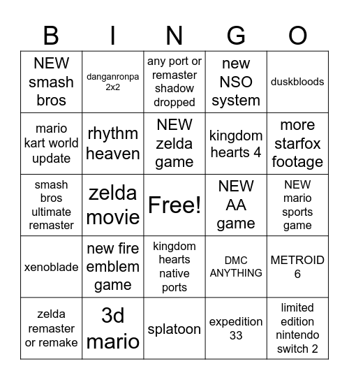 NINTENDO DIRECT 6/9/2026 Bingo Card