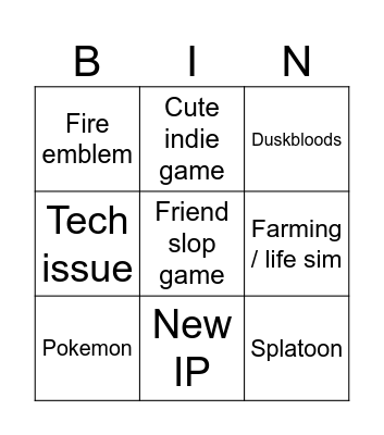 Nintendo Direct Bingo Card