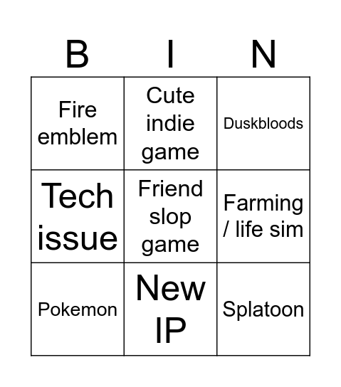Nintendo Direct Bingo Card