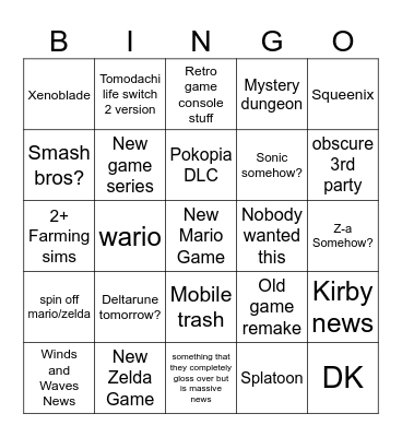 Nintendo Direct Bingo Card