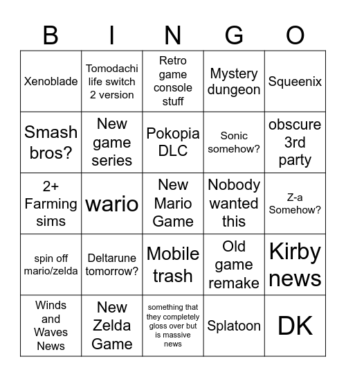 Nintendo Direct Bingo Card