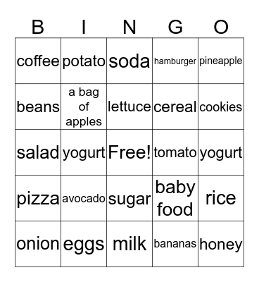 Food Bingo Card