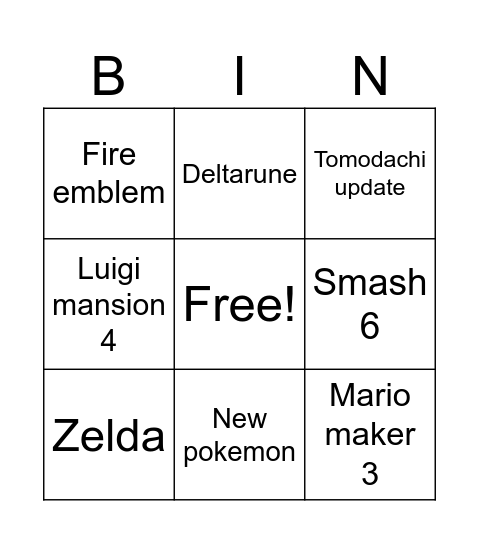 Nintendo direct bingo Card