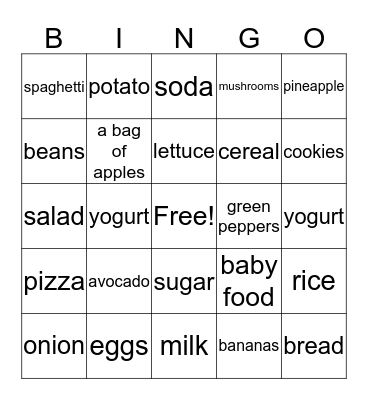 Food Bingo Card