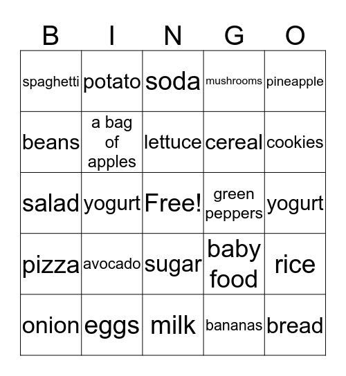 Food Bingo Card