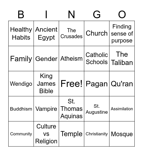 Influence of Religion Bingo Card