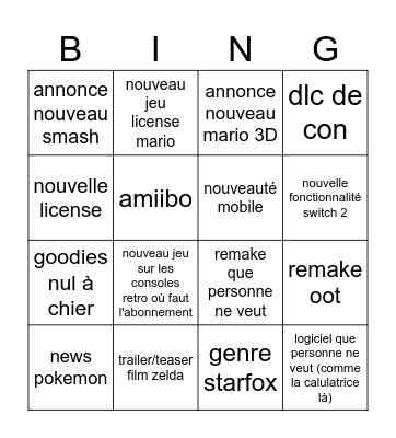 nintendo direct Bingo Card