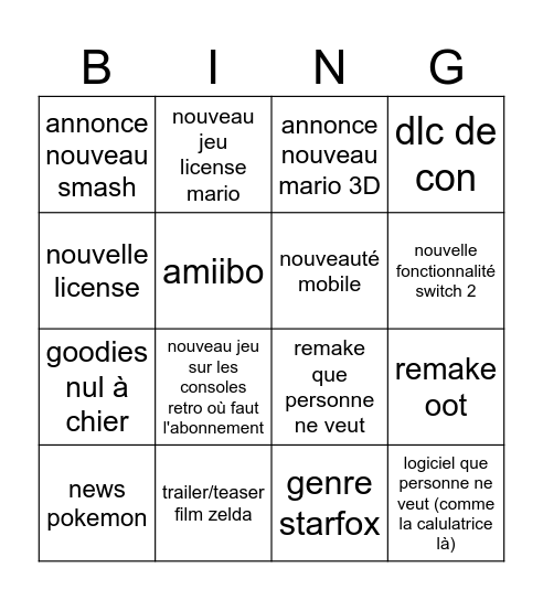 nintendo direct Bingo Card