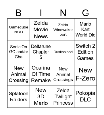 Nintendo Direct Predictions Bingo Card