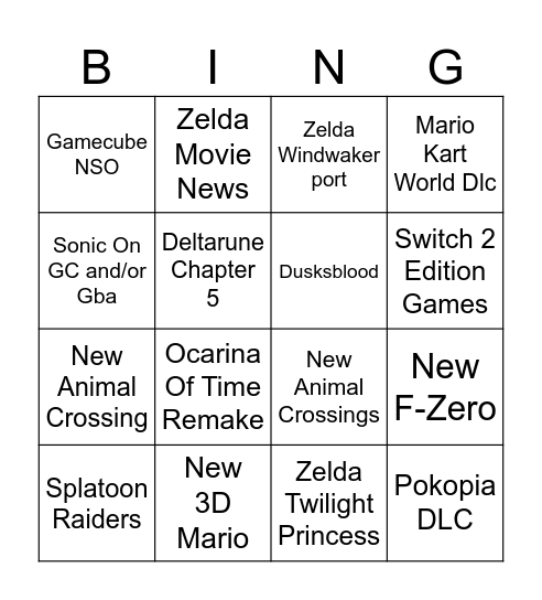 Nintendo Direct Predictions Bingo Card