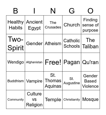 Influence of Religion Bingo Card