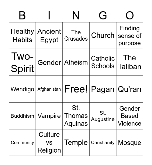 Influence of Religion Bingo Card