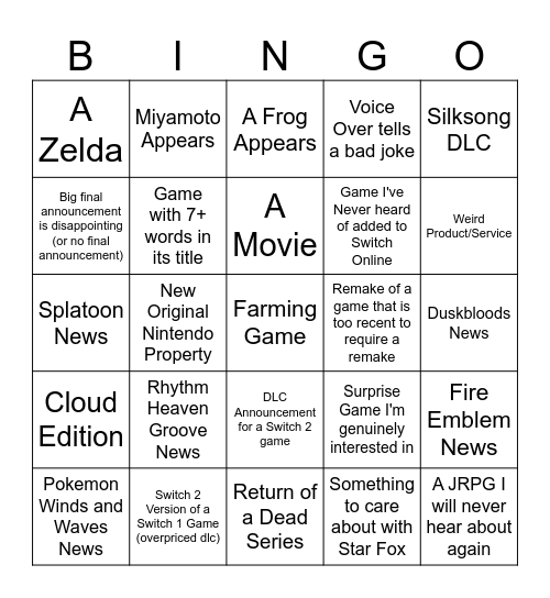 Nintendo Direct Bingo Card