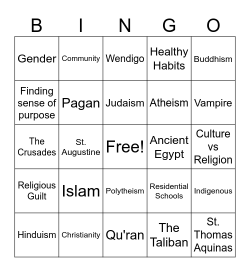 Influence of Religion Bingo Card