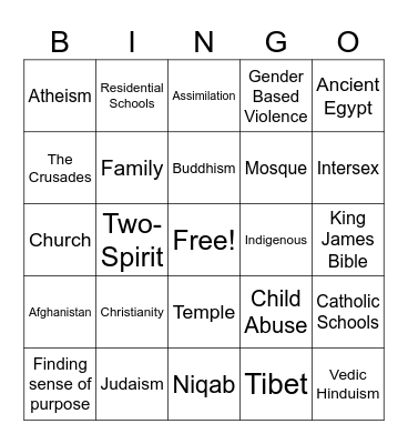 Influence of Religion Bingo Card