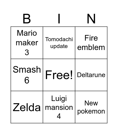 Nintendo direct bingo Card