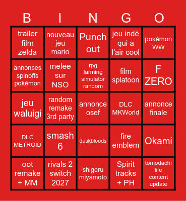 Nintendo Direct Bingo Card