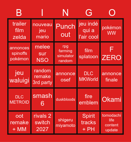 Nintendo Direct Bingo Card
