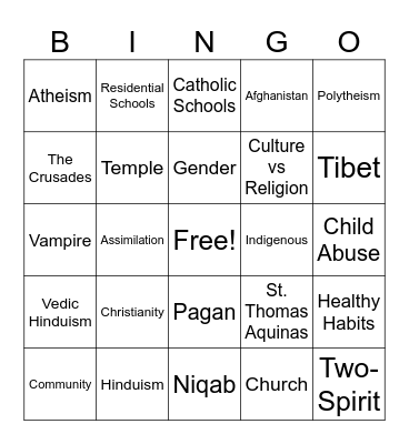 Influence of Religion Bingo Card