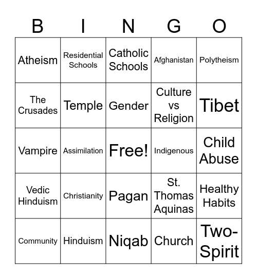 Influence of Religion Bingo Card