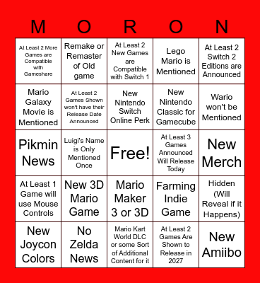 Nintendo Direct Bingo Card