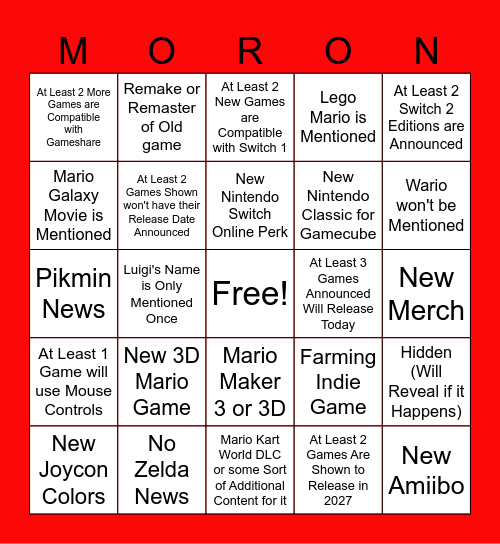 Nintendo Direct Bingo Card
