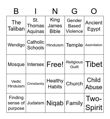 Influence of Religion Bingo Card